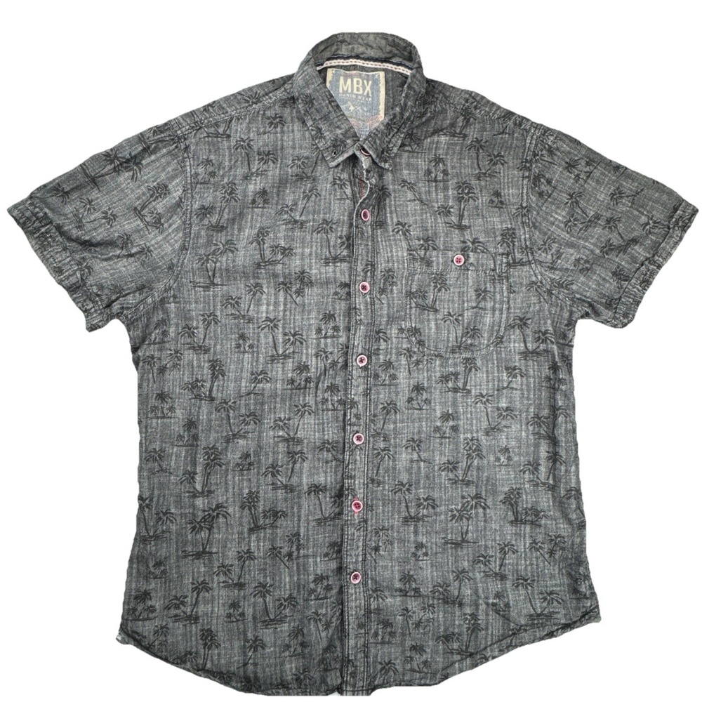 MBX Denim Wear Palm Tree Print Short Sleeve Slim Button Down Shirt Small Gray
